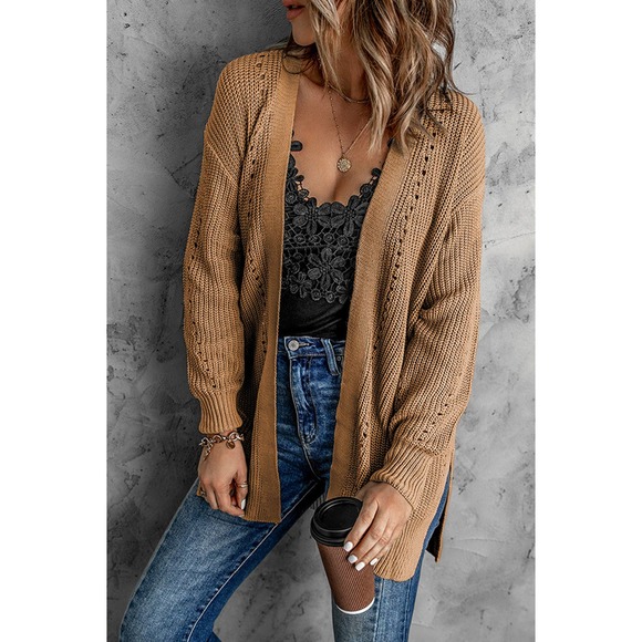 Openwork Rib-Knit Slit Cardigan - Picture 4 of 10